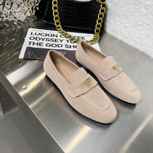 PRADA 26S CLASSIC LOAFERS IN NUDE BEIGE LOGO SUEDE