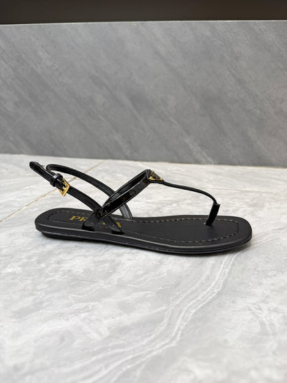 PRADA 26S THONG SANDALS IN BLACK CALFSKIN TRIANGLE LOGO