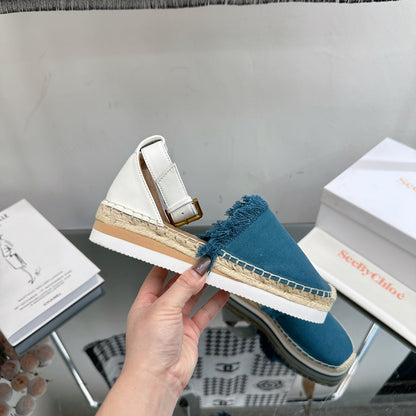 SEE BY ESPADRILLES SANDAL IN CERULEAN BLUE FABRIC AND WHITE CALFSKIN