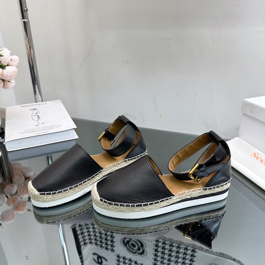 SEE BY ESPADRILLES SANDAL IN BLACK CALFSKIN AND WOVEN RAFFIA