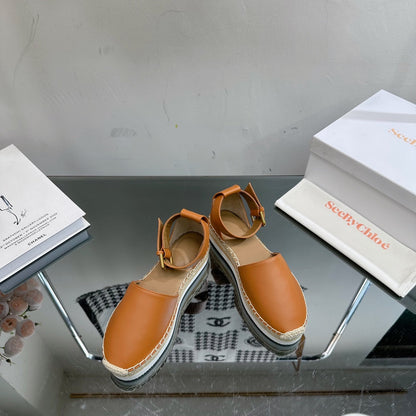 SEE BY CHLOÉ ESPADRILLES SANDAL IN COPPER BROWN CALFSKIN AND WOVEN RAFFIA