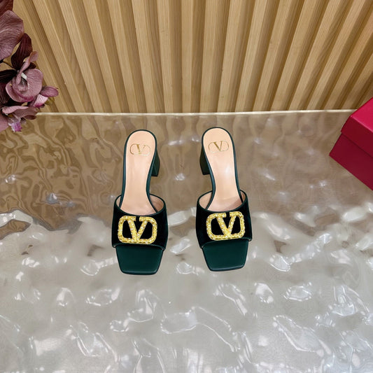 VALENTINO 25S HIGH-HEEL MULES 60 MM IN DARK GREEN VELVET AND CALFSKIN WITH GOLD HARDWARE