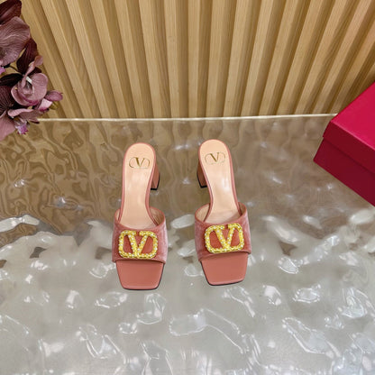VALENTINO 25S HIGH-HEEL MULES 60 MM IN PEACH PINK VELVET AND CALFSKIN WITH GOLD HARDWARE
