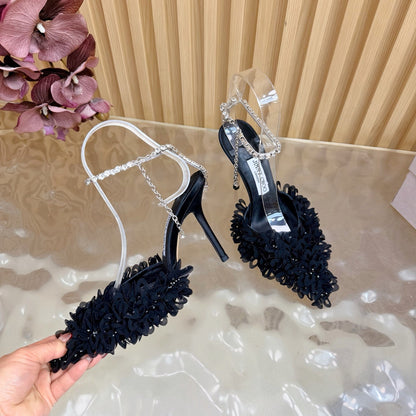 JIMMY CHOO 26S HIGH HEELS 100 MM IN BLACK FABRIC AND LAMBSKIN CRYSTAL STRAPS