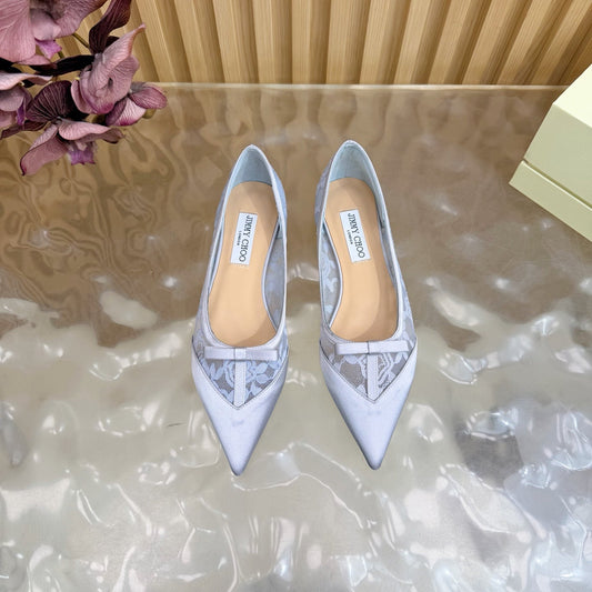 JIMMY CHOO 26S FLATS IN PASTEL BLUE LACE AND SATIN