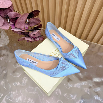 JIMMY CHOO 26S FLATS IN SKY BLUE LACE AND SATIN