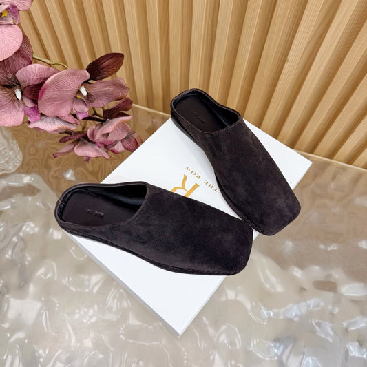 THE ROW 26S SQUARE TOE MULE FLATS IN DARK BROWN SUEDE
