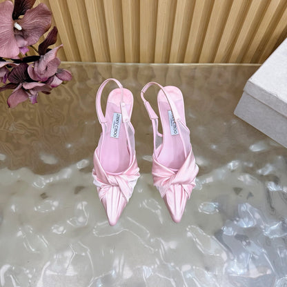JIMMY CHOO 26S SLINGBACK HEELS 60 MM IN LIGHT PINK SATIN WITH KNOT DETAIL