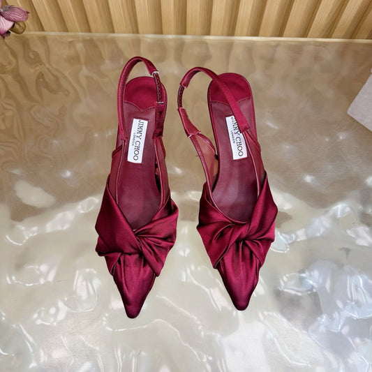 JIMMY CHOO 26S SLINGBACK HEELS 60 MM IN DARK RED SATIN WITH KNOT DETAIL