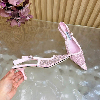 JIMMY CHOO 26S SLINGBACK HEELS 60 MM IN LIGHT PINK MESH & CRYSTALS