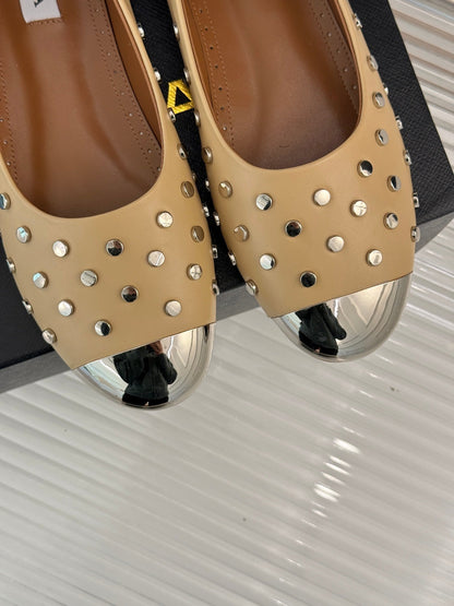 STUD-EMBELLISHED BALLET FLATS IN SEPIA TAN CALFSKIN