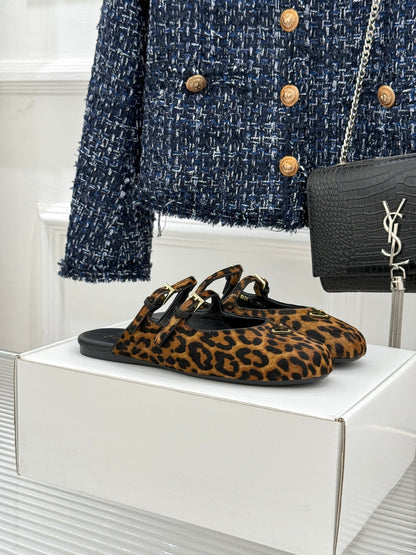 PRADA 25S DUAL MARY JANE BALLERINA MULES IN LEOPARD PRINT PONY HAIR