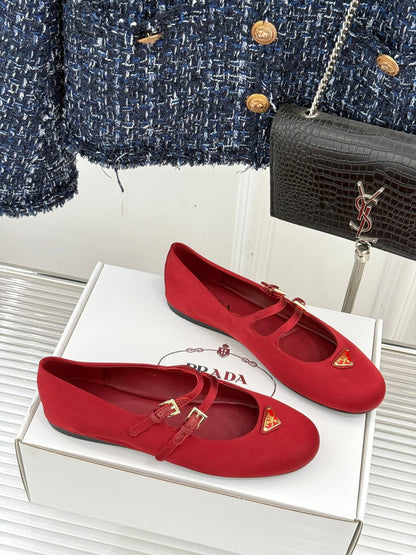 PRADA 25S DOUBLE STRAP BALLERINAS IN RED WINE SATIN