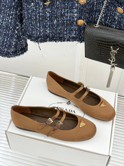 PRADA 25S DOUBLE STRAP BALLERINAS IN DARK BROWN SATIN