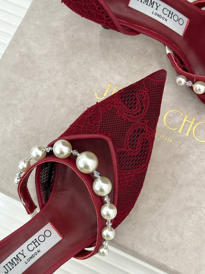 JIMMY CHOO 26S HIGH HEELS 65 MM IN DARK RED LACE PEARL-EMBELLISHED