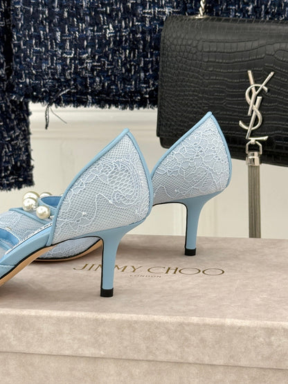 JIMMY CHOO 26S HIGH HEELS 65 MM IN SKY BLUE LACE PEARL-EMBELLISHED