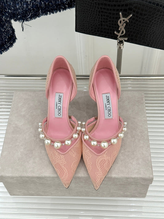 JIMMY CHOO 26S HIGH HEELS 65 MM IN LIGHT PINK LACE PEARL-EMBELLISHED