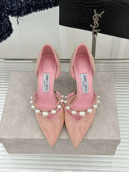 JIMMY CHOO 26S HIGH HEELS 85 MM IN LIGHT PINK LACE PEARL-EMBELLISHED
