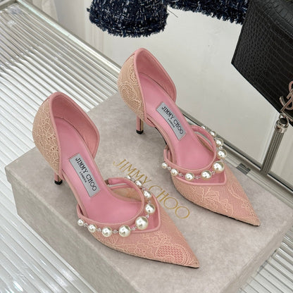 JIMMY CHOO 26S HIGH HEELS 85 MM IN LIGHT PINK LACE PEARL-EMBELLISHED