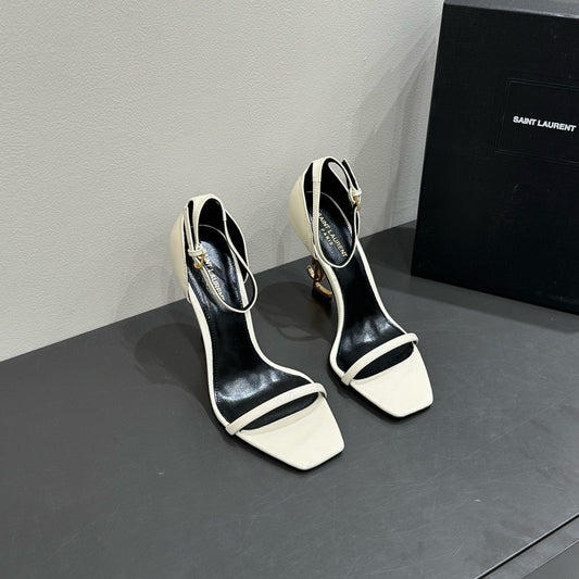 YSL HEELED SANDALS 25S 105 MM IN CREAM WHITE LAMBSKIN