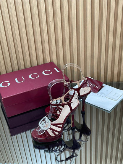 GUCCI 26S HIGH-HEELED SANDALS 125 MM IN DARK RED CALFSKIN
