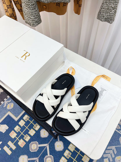 THE ROW 26S CROSSED PADDED SLIDES IN WHITE CALFSKIN