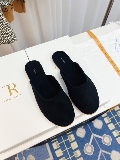 THE ROW 26S ROUND TOE MULES IN NAVY BLUE SUEDE