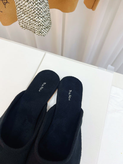 THE ROW 26S ROUND TOE MULES IN NAVY BLUE SUEDE