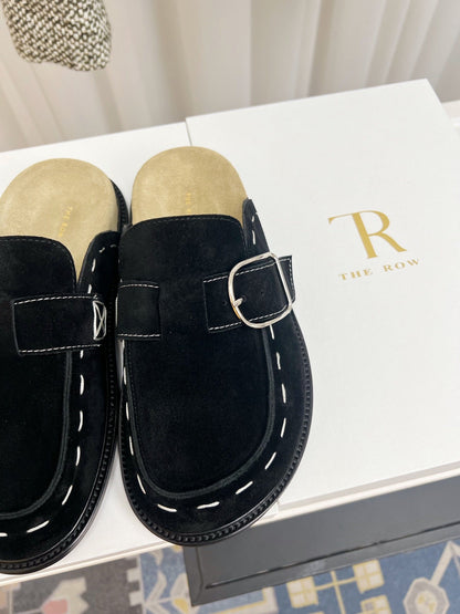 THE ROW 26S BUCKLED MULE CLOGS IN BLACK SUEDE