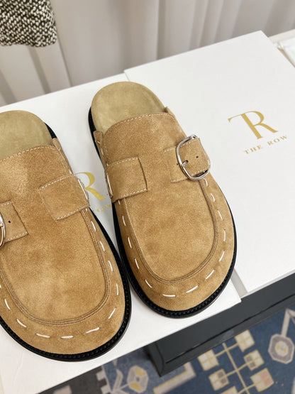 THE ROW 26S BUCKLED MULE CLOGS IN LIGHT BROWN SUEDE