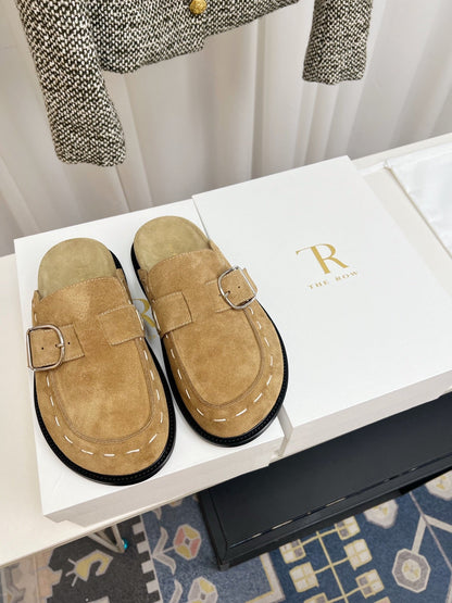 THE ROW 26S BUCKLED MULE CLOGS IN LIGHT BROWN SUEDE