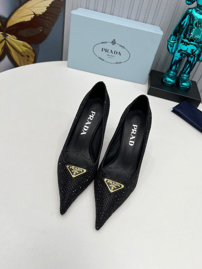 PRADA 26S POINTED TOE PUMPS STILETTO HEEL 80MM IN BLACK CRYSTAL EMBELLISHED