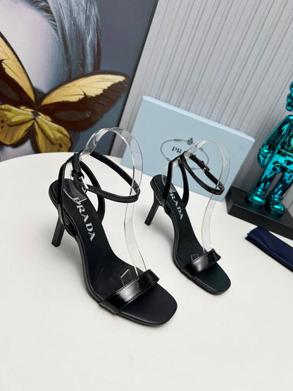 PRADA 26S ANKLE STRAP SANDALS STILETTO HEEL 80MM IN BLACK SHINE CALFSKIN