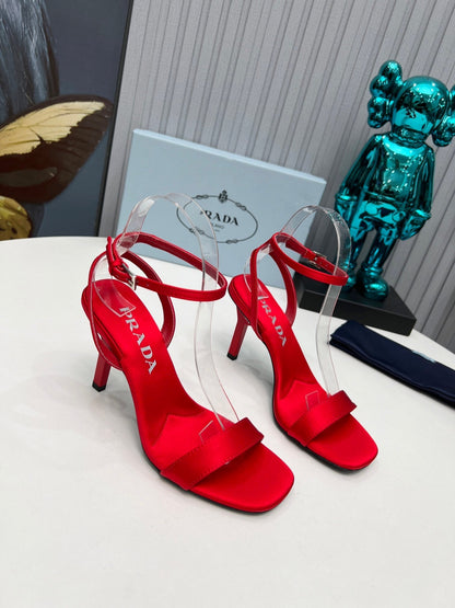PRADA 26S ANKLE STRAP SANDALS STILETTO HEEL 80MM IN DARK RED SATIN