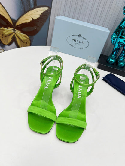 PRADA 26S ANKLE STRAP SANDALS STILETTO HEEL 80MM IN LIME GREEN SATIN