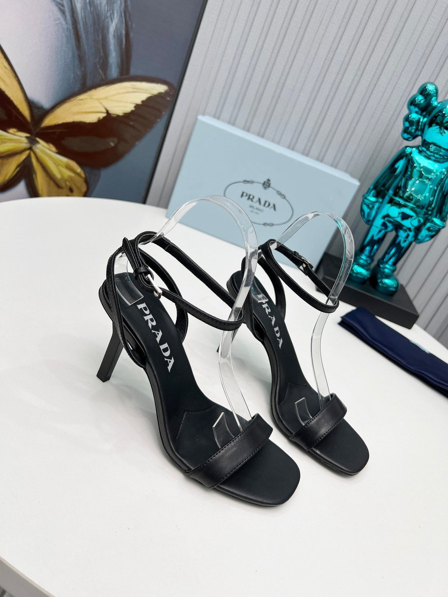 PRADA 26S ANKLE STRAP SANDALS STILETTO HEEL 80MM IN BLACK CALFSKIN