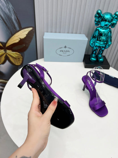 PRADA 26S ANKLE STRAP SANDALS STILETTO HEEL 80MM IN DEEP PURPLE SATIN