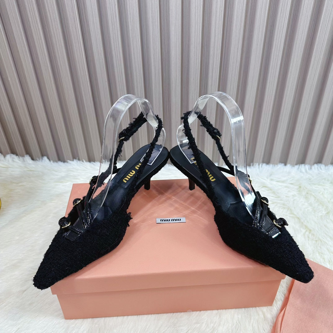 CROSS STRAP HIGH HEELED SLINGBACK IN BLACK TWEED