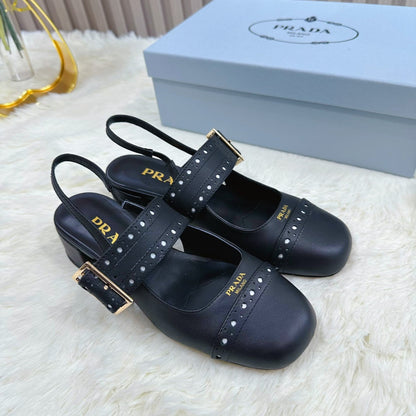 PRADA 26S SQUARE TOE STUDDED SLINGBACK BLOCK HEEL 40MM IN BLACK CALFSKIN
