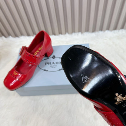 PRADA 26S SQUARE TOE STUDDED SLINGBACK BLOCK HEEL 40MM IN DARK RED PATENT CALFSKIN