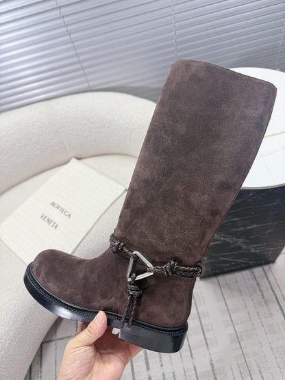 BOTTEGA VENETA 26S TALL BOOTS IN DARK BROWN SUEDE WITH ROPE DETAIL