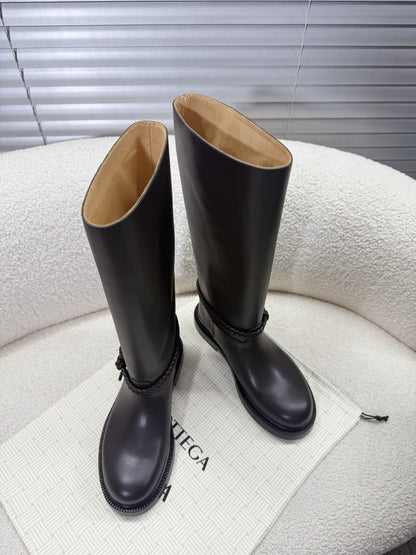 BOTTEGA VENETA 26S TALL BOOTS IN DARK BROWN CALFSKIN WITH ROPE DETAIL