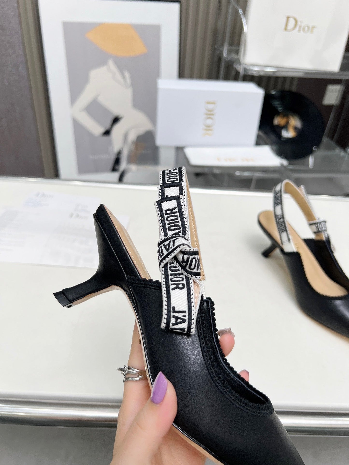 J'ADIOR SLINGBACK PUMP BLACK CALFSKIN AND EMBROIDERED FABRIC 65 MM