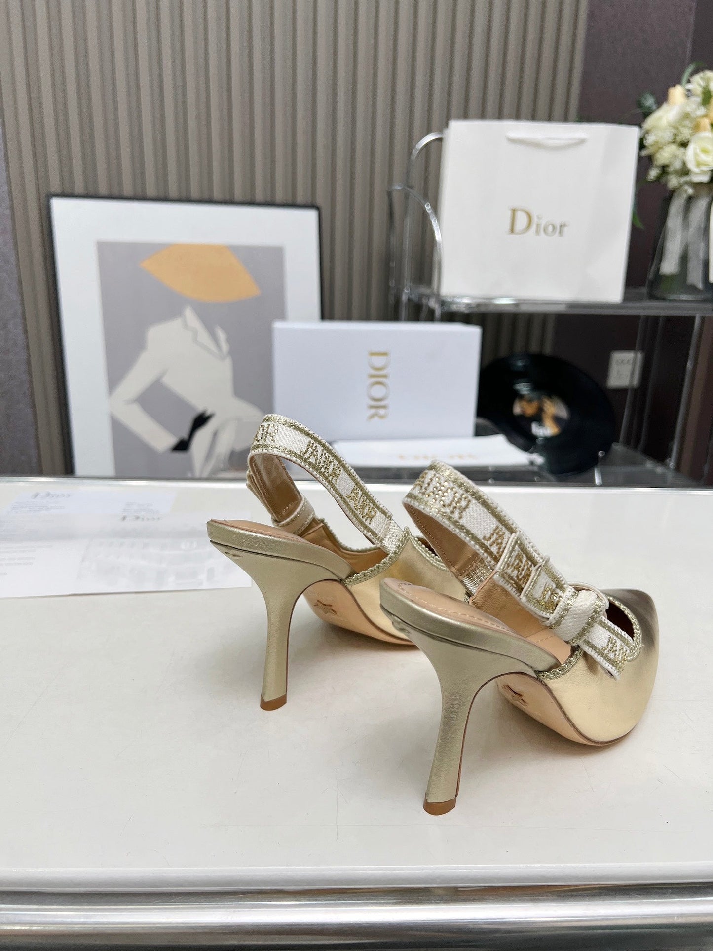 J'ADIOR SLINGBACK PUMP LIGHT GOLD CALFSKIN AND EMBROIDERED FABRIC 10 CM