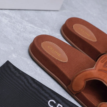 CELINE 26S TRIOMPHE SLIDES IN COGNAC BROWN SUEDE