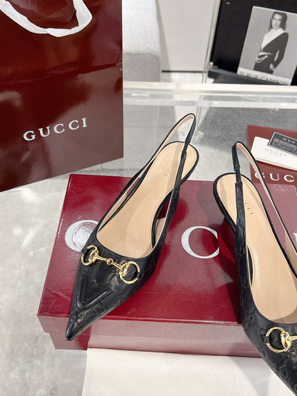 GG MID-HIGH SLINGBACK 4.5 CM IN BLACK GLOSSY EMBOSSED SUEDE AND SHEEPSKIN LINING