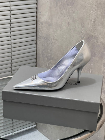 BALENCIAGA 25S HIGH-HEEL SHOES 85 MM IN SILVER COW LEATHER