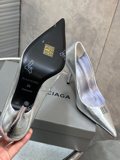BALENCIAGA 25S HIGH-HEEL SHOES 85 MM IN SILVER COW LEATHER