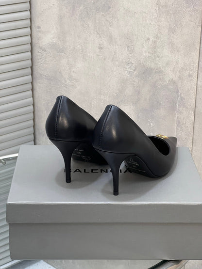 BALENCIAGA 25S HIGH-HEEL SHOES 85 MM IN BLACK COW LEATHER WITH GOLD HARDWARE