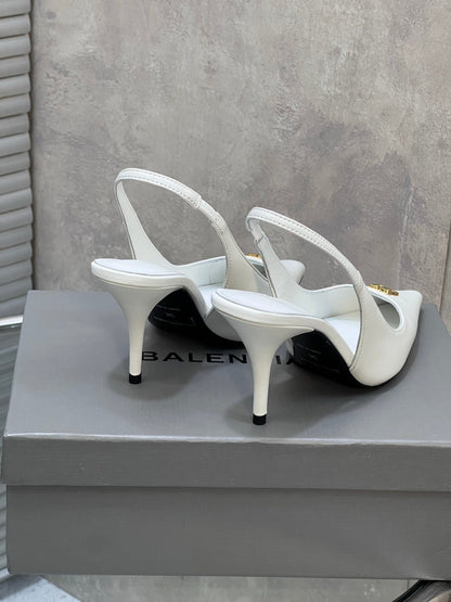 BALENCIAGA 25S HIGH-HEEL SLINGBACK 85 MM IN WHITE COW LEATHER WITH GOLD HARDWARE